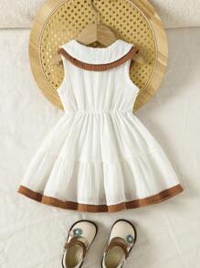Vintaside Kids Vestido de algodón de gasa con doble cuello y falda acampanada con volantes para niñas, apropiado para fiestas y salidas. - Blanco - Ver 5