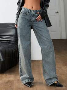 EURMUSE Low Waist Leopard Patch Straight Jean - Medium Wash - View 3