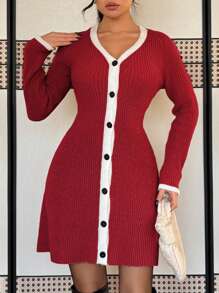 Chiquease Vestido de mujer de punto de manga larga con escote en V y ajuste elegante, con ribete de contraste en línea A, en color negro y blanco, para otoño/invierno