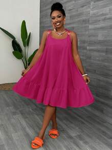 Slaydiva Casual V-Neck Solid Color Chain Strap A-Line Summer Dress - Violet Purple - View 7