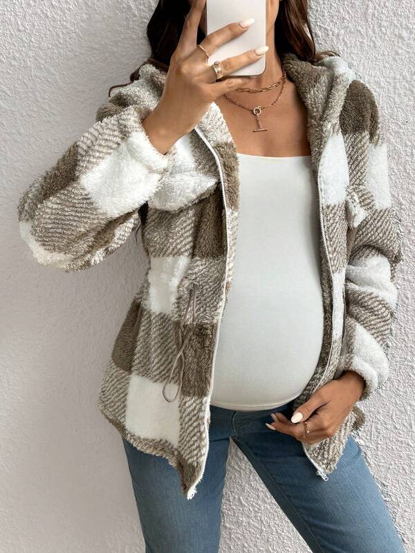 SHEIN Zwangerschapsjack met capuchon en buffalo-ruitprint
