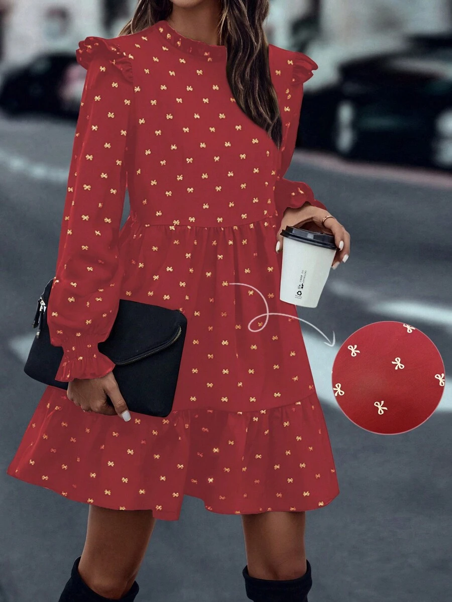 SHEIN Clasi 女士蝴蝶结金色盖袖荷叶边下摆连衣裙 - 彩色 - 查看 1
