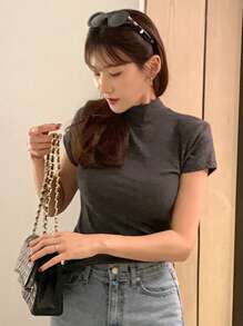 DAZY Women Solid Color Slim Fit Turtleneck Short Sleeve T-Shirt, Deep Gray, Spring/Summer Preppy Tops - Dark Grey - View 7