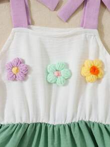 SHEIN Ramadan Girls Summer Floral Decor Top & Contrast Color Block A-Line Dress,Cute Cake Silhouette, Suitable For Outdoor Photos - Pink - View 3