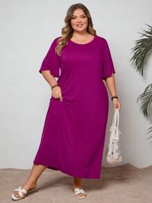 SHEIN CURVE+ 大码超柔软弹力短袖长款休闲连衣裙，适合夏季、海滩度假，百搭 - 中紫紅色 - 查看 3