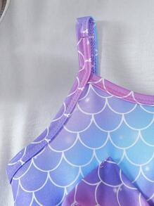 SHEIN Elladie kids 年轻女孩舞会礼服夏季时尚吊带美人鱼礼服，蝴蝶结亮片网眼度假生日公主裙 - 紫色 - 查看 5