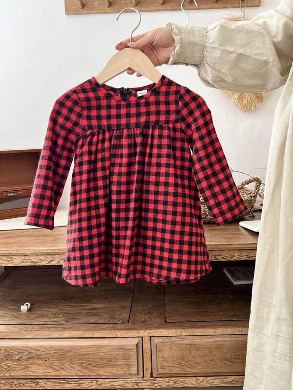 SHEIN LMoss Kids LMoss Babygirl Plaid Loose Fit Long Sleeve Casual Dress, Autumn/Winter