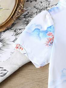 Baby Girls Spring And Summer Chinese Style Landscape Painting Pattern Woven Mandarin Collar Hanfu A-Silhouette Cheongsam Dress