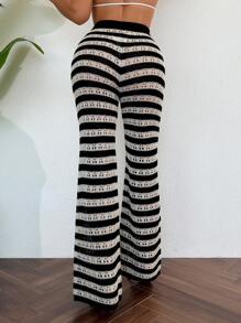 Beach Vacation: Black & Beige Ombre Hollow Out Knit Flared Hem Elastic Waist Beach Cover Up Pants For Summer Beach Vacation - Multicolor - View 1