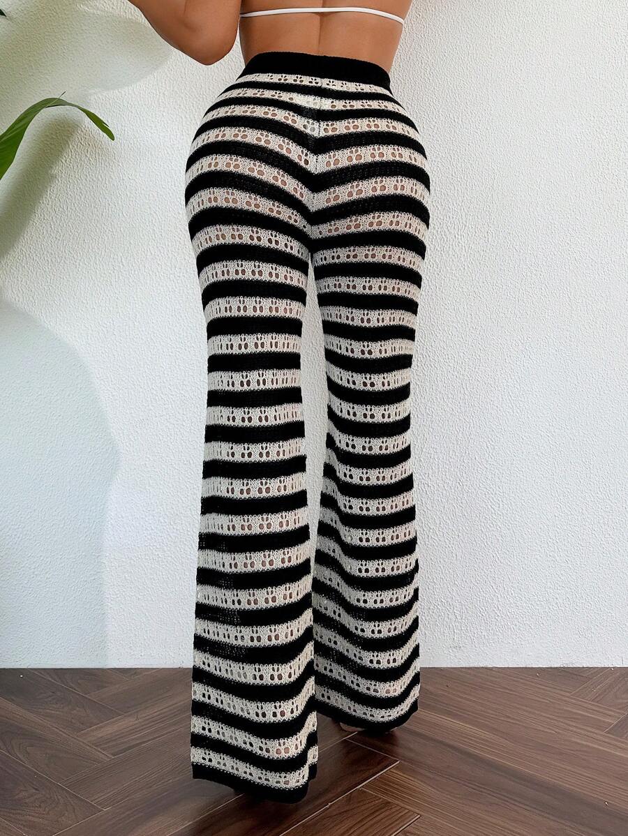 Beach Vacation: Black & Beige Ombre Hollow Out Knit Flared Hem Elastic Waist Beach Cover Up Pants For Summer Beach Vacation - Multicolor - View 1