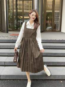 Robe casual à carreaux patchwork 2 en 1 pour femmes, printemps/automne