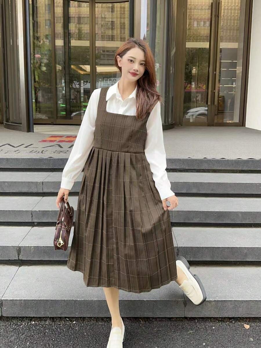 Robe casual à carreaux patchwork 2 en 1 pour femmes, printemps/automne