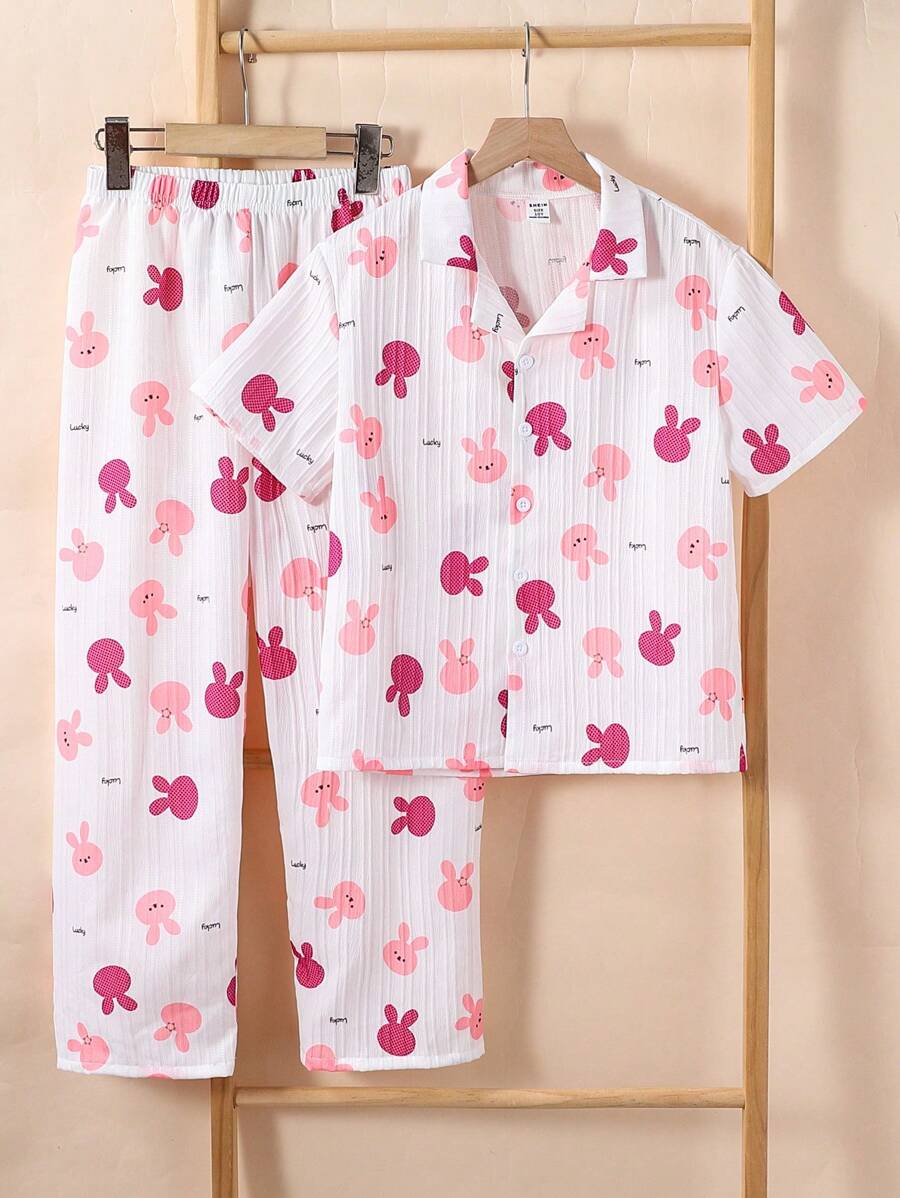 Tween Girl 2pcs/Set Bunny Print Casual Pants And Short Sleeve Homewear Set - White - View 1