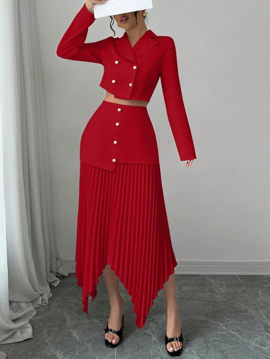 Elenzga 2 件套女士优雅西装外套风格领口收腰纽扣褶皱拼接 - 紅色 - 查看 1