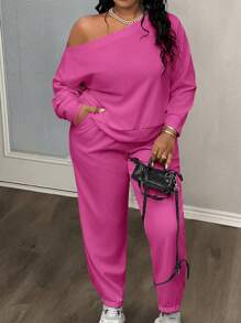 Slaydiva 2pcs Women Plus Size Basic Solid White Fitted Asymmetric Neck Top And Straight Leg Pants, Cross Rib Knit Fabric, Casual & Home Wear, Spring/Autumn