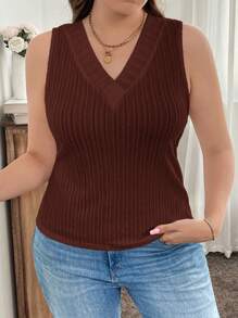 SHEIN LUNE Camisetas de tirantes y tops sin mangas de cuello en V de tallas grandes, de material suave y versátil - Marrón - Ver 3