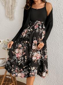 SHEIN Summer Women 2pcs Set Printed Elastic Suspender Skirt & Ditsy Floral V-Neck Long Dress, Maternity-Friendly - Multicolor - View 2