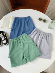 SHEIN 3pcs Young Boys Casual Sports College Street Style Cute Plain Drawstring Waist Loose Knit Shorts, Suitable For Daily Wear, School, Outing, Sports, Spring & Summer