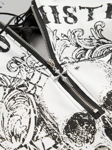 ROMWE Grunge Punk Kpop Cross Pendant Punk Skull Print 2 In 1 Leopard Pattern Bodycon T-Shirt For Women, Concert Festival Halter Top - White - View 3