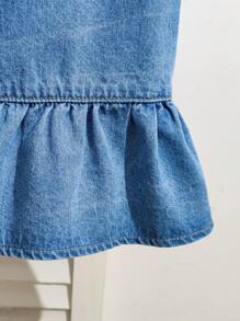 SHEIN LMoss Kids YK 时尚休闲蓝色牛仔布荷叶边下摆无袖蝴蝶结设计宽松舒适开衫牛仔上衣，柔软舒适，适合日常穿着，四季皆宜。 - 藍色 - 查看 3