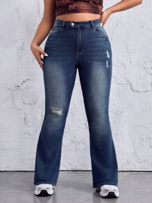 SHEIN EZwear Plus Size Women Pocket Distressed Flare Jeans