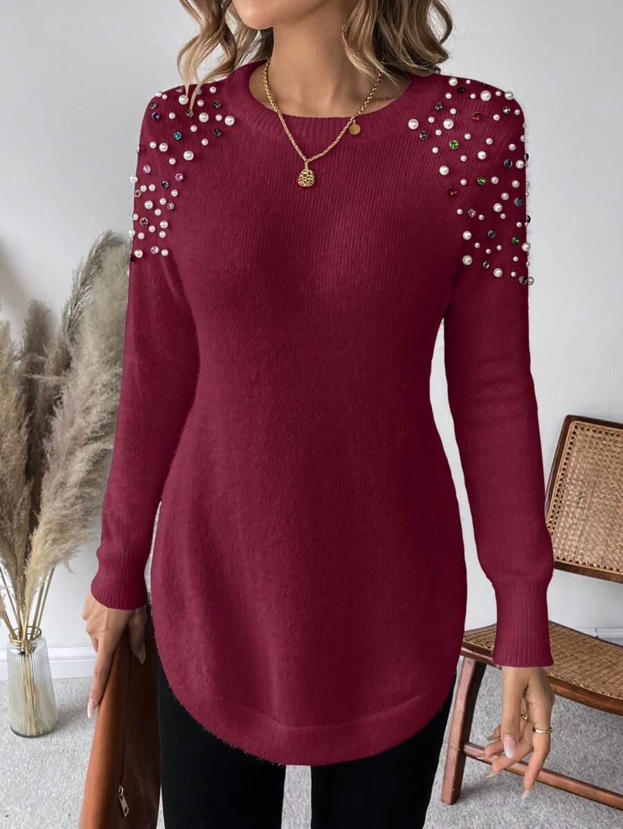 SHEIN LUNE 女士休闲毛衣，饰有仿珍珠圆领针织套头衫，适合秋冬季穿着 - 酒紅色 - 查看 1