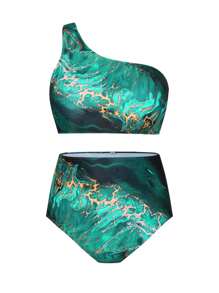 Swim Oasis Summer Beach Plus Size Women's Marble Print One Shoulder Sleeveless Bikini Set 3pcs/Set - Multicolor - View 3