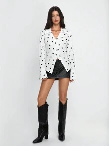 SHEIN Unity Blusa de mujer de corte ajustado con cuello, mangas abullonadas y estampado de corazones - Blanco y Negro - Ver 4