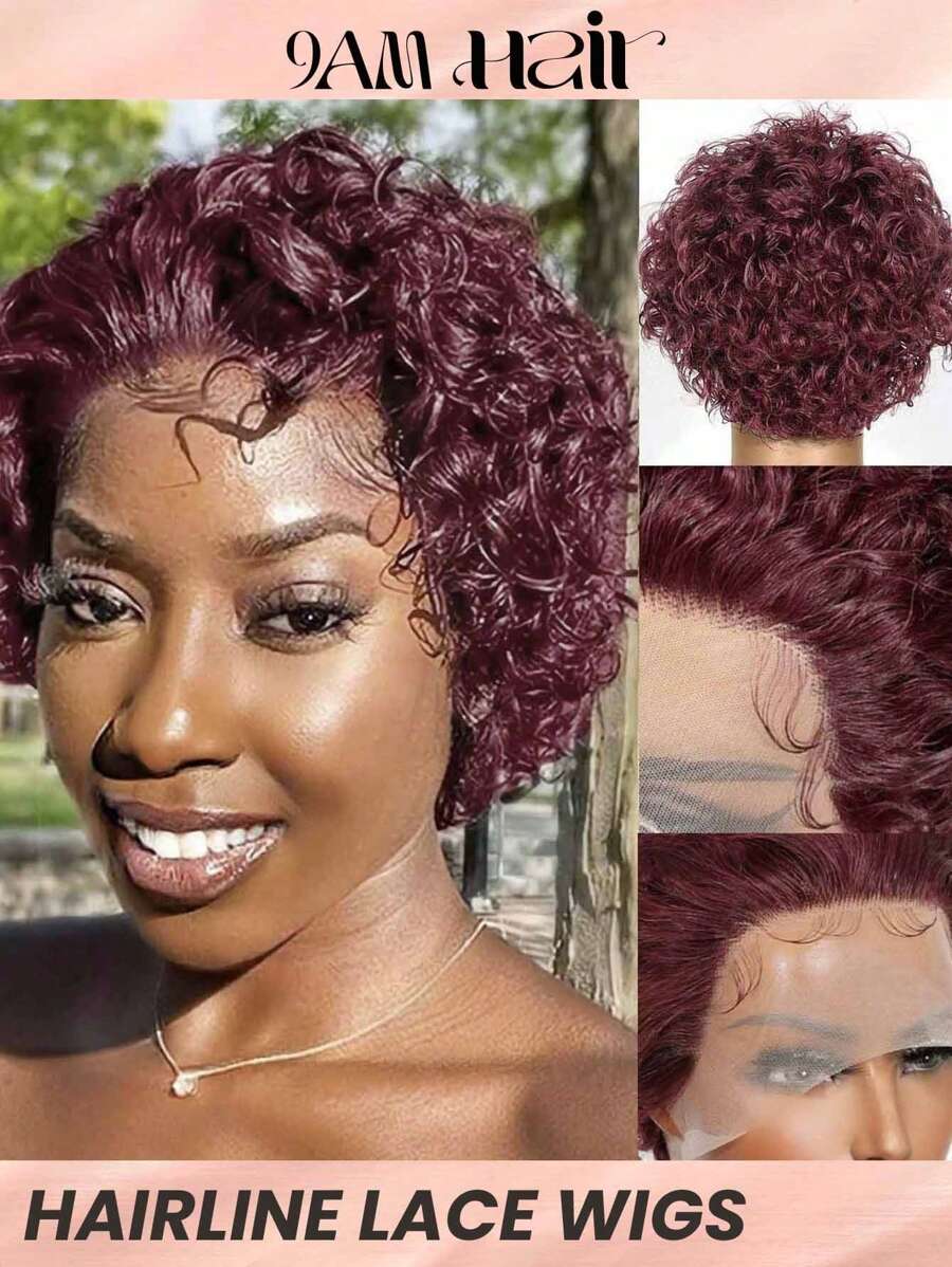 Short Curly Wave Pixie Cut T Part Lace Wig 12X0.5 99J Real Human Hair Wig Affordable Hair Replacement Wig Cheap Daily Use Wig For Beginner Friendly Halloween