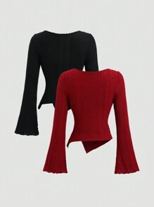 Sweetra Women Low-Cut Solid Color Cropped Knit Top, Soft Rib Knit Undershirt, Retro Style 2 Pieces Set, Suitable For Spring & Autumn - Multicolor - View 2