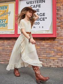 SHEIN Tween Girls Dresses, 2025 Spring/Summer New Collection, Soft Beige Color With Lace Trim On Sleeves & Neckline, Side Pleated Design Long Dress, Elegant & Comfy, Suitable For Summer Vacation, Daily Wear, Outings And Social Events - Apricot - View 1