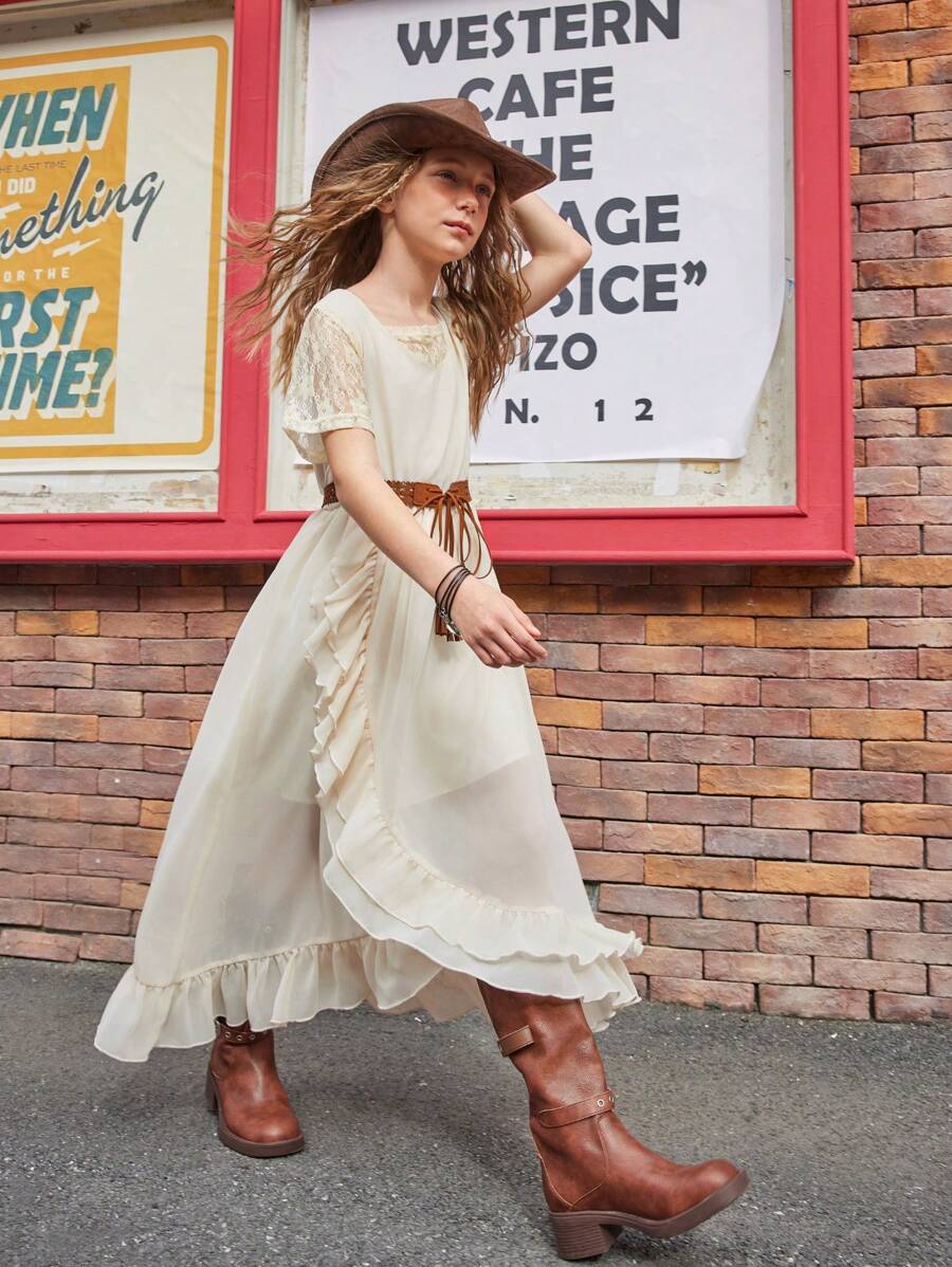 SHEIN Tween Girls Dresses, 2025 Spring/Summer New Collection, Soft Beige Color With Lace Trim On Sleeves & Neckline, Side Pleated Design Long Dress, Elegant & Comfy, Suitable For Summer Vacation, Daily Wear, Outings And Social Events - Apricot - View 1