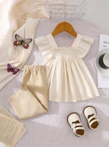 SHEIN 2pcs/Set,Baby Girl Spring&Summer Casual Butterfly Shape Embroidery Sleeveless Top&Solid Long Pants - Apricot - View 2