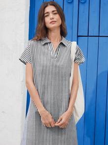 EMERY ROSE Women Striped Lapel Short Sleeve Straight Casual Dress - Multicolor - View 7