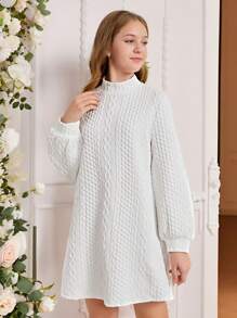 SHEIN Leap Crew فستان طويل الأكمام بياقة عالية منسوج، أكمام متضخمة، قصة A، للمراهقات، للشتاء والخريف، أبيض، كاجوال، مناسب للكريسماس