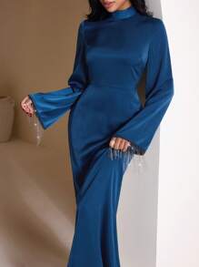 Veilorie Vestido maxi árabe modesto de mujer, de unicolor, cuello alto, manga larga y ajustado