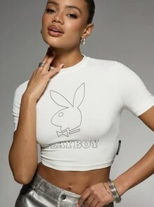 Missguided x Playboy 徽标短款 T 恤复古 Y2K 街头时尚短袖婴儿 T 恤经典运动休闲夏季节日都市风格运动上衣街头服饰舞蹈俱乐部派对 - 白色 - 查看 7