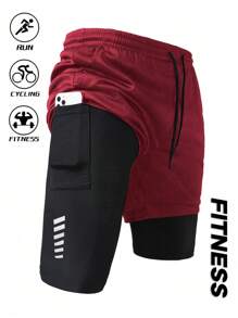 Manfinity Fitness 男式抽绳腰部几何印花口袋双层运动短裤