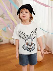 SHEIN Set de 2 piezas de camiseta de manga corta con cuello redondo y estampado de conejo, y pantalones cortos para niños pequeños, ideal para actividades al aire libre, uso diario y sesiones de fotos, para primavera/verano