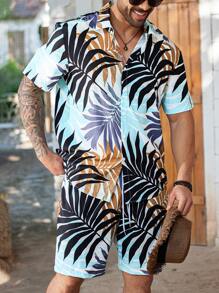 ResortEase 2pcs/Set Men's Minimalist Front Button Plant Print Short Sleeve Shirt & Shorts