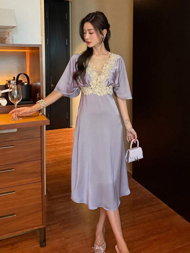 New Arrival Spring Lace Patchwork Print Waisted Sundress, Women's Casual Dress Prom Dress Wedding Women Dresses Elegant Women Dress