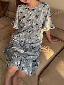 SHEIN Leap Crew Teen Girls Lovely Simple Floral Pattern Lace Trim Ruffle Hem Nightgown - Baby Blue - View 5