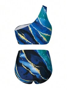 Swim Oasis Summer Beach 3pcs/Set Plus Size Marble Printed Bikini Set Carnival - Multicolor - View 5