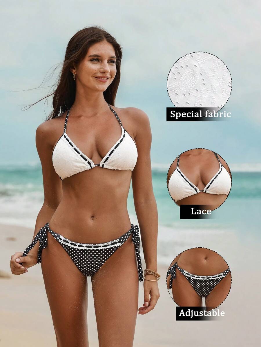 Swim Vcay Summer Women's Lace Trim Halter Neck Backless Polka Dot Tied 3 Pieces Bikini Set - Black and White - View 1