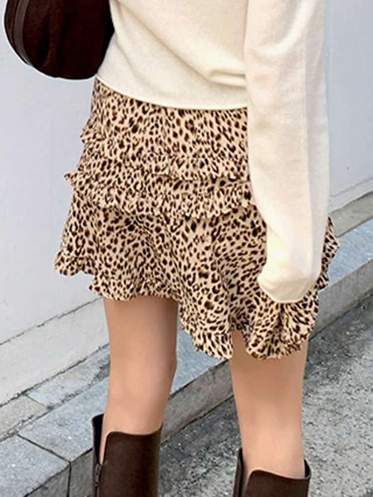 Women's Elastic Waist Leopard Print Asymmetric Hem Short Mini Skirt, Khaki, All Seasons,Ruffle Cheetah Print Fall Skirts