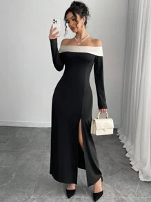 Color Block Off Shoulder High Slit Dress Fall Cloth For Women - Black - View 2