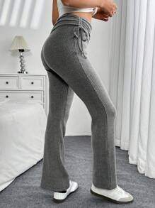 SHEIN LUNE Women's Thickened Flared Pants With Drawstring Waist, Grey, Winter/Spring - Grey - View 1