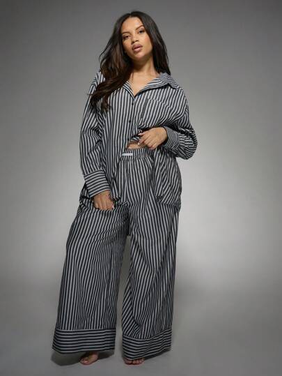 MISSGUIDED MISSGUIDED PLUS Conjunto de pijama de satén a rayas de lujo con camisa de manga larga y botones anchos, pantalón palazzo de pierna ancha, ropa de descanso, ropa de dormir, ropa de resort, ropa de noche