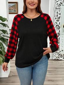 SHEIN LUNE Plus Size Women's Christmas Black & Red Plaid Patchwork Crew Neck Long Sleeve Casual T-Shirt, Autumn/Winter Women T Shirt New Years Women Outfit Holiday Outfit - Black - View 5