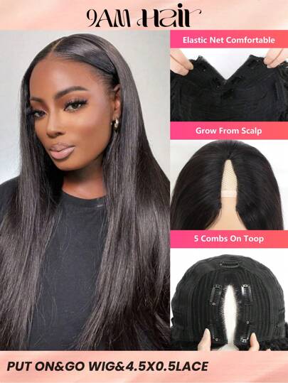 Straight V Part Wig 150 Density Natural Black Color No Leave Out 4.5x2 Nature Color Lace Human Hair